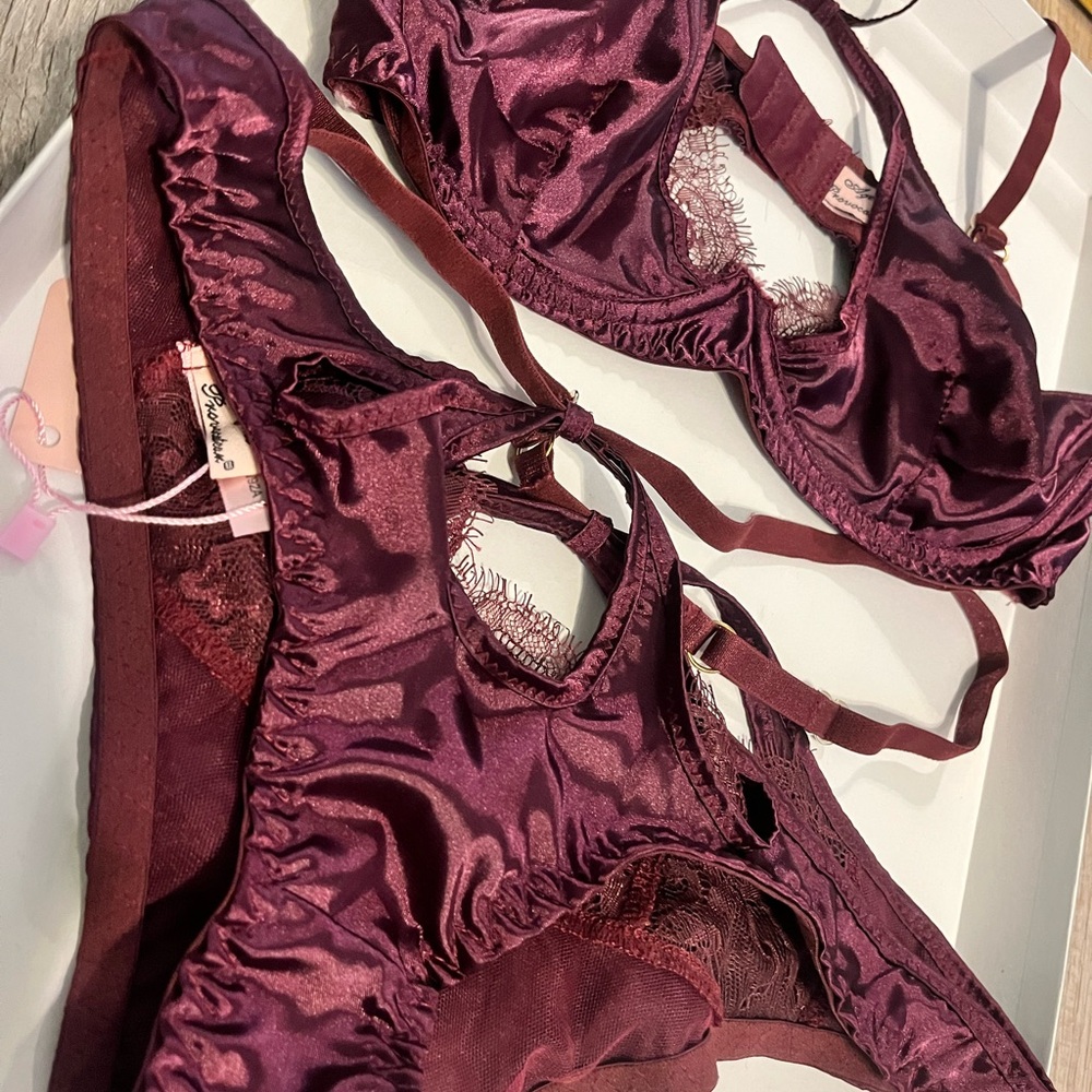 SOLD Agent Provocateur Deep Maroon Purple Satin Lace Robyn Bra Set